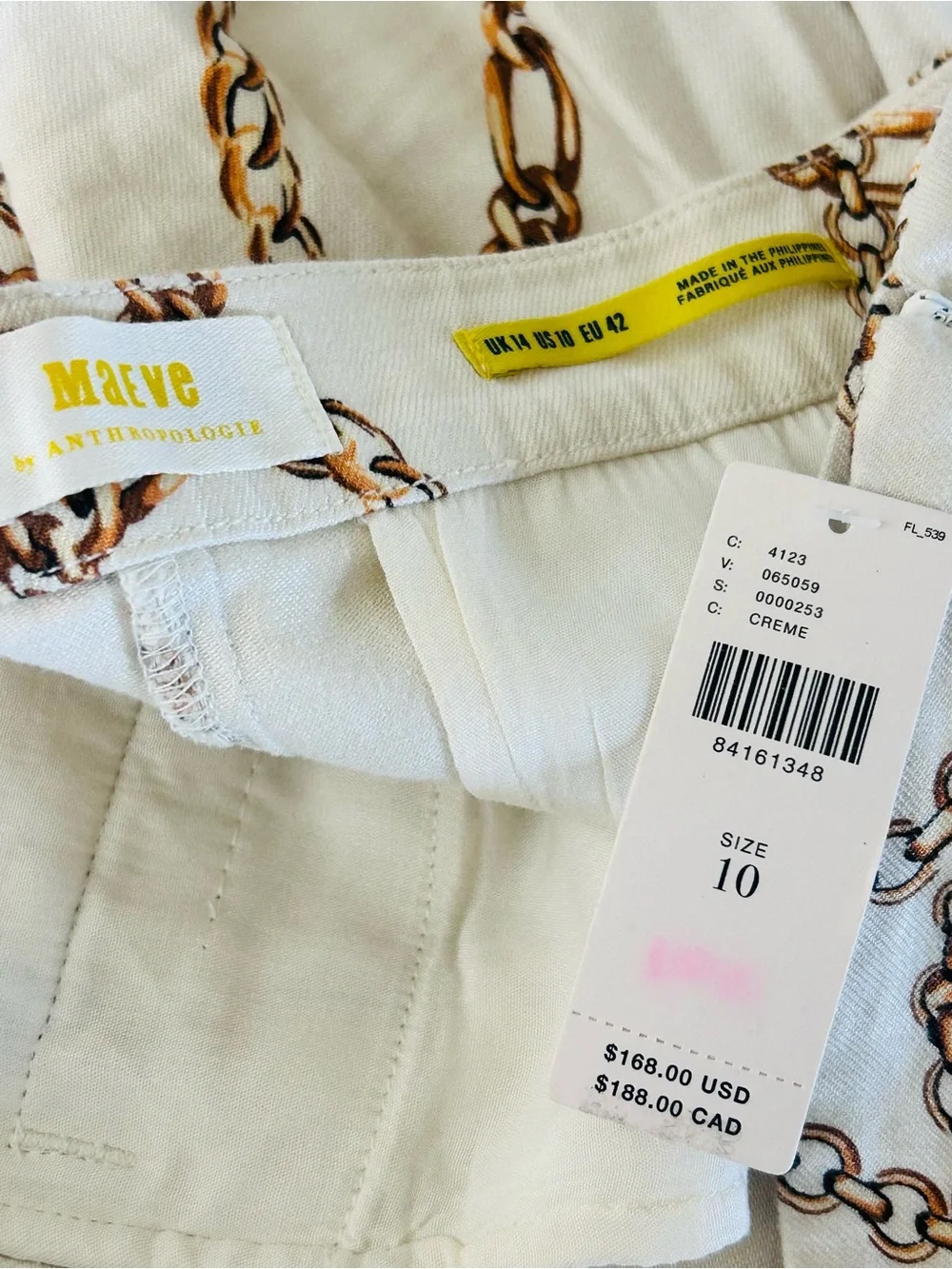 Maeve Linen Blend High-Waist Wide-Leg Chain Print Palazzo Pants 10 Cream NWT - Picture 9 of 13